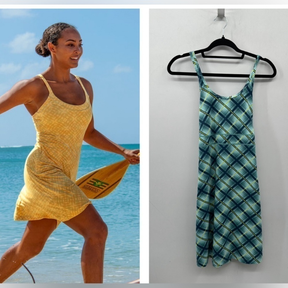 TITLE NINE S Plaid Green Athletic stretch racerback shelf bra midi dress comfort